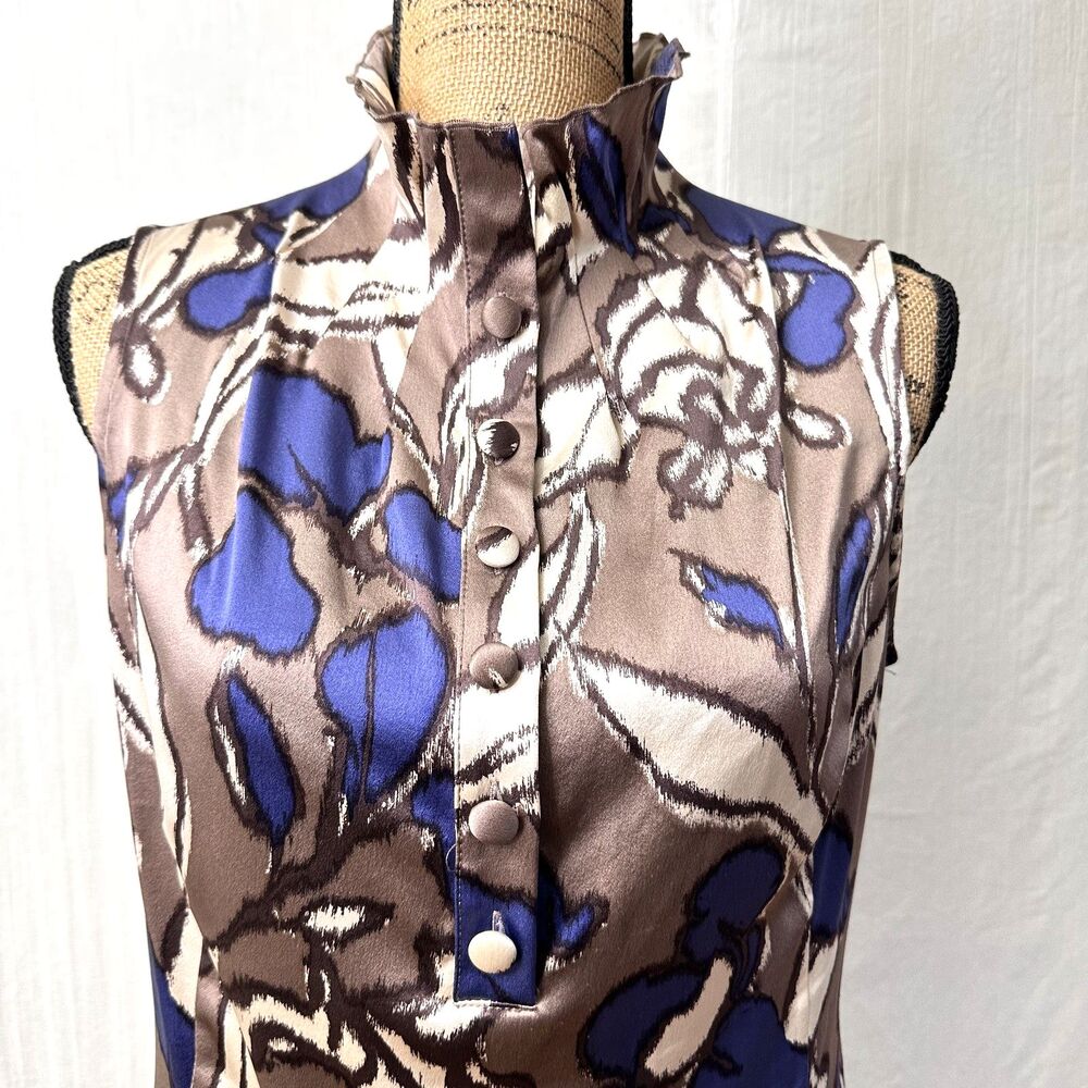 ETCETERA Women's Taupe/Blue Floral Silk Mock Neck Sleeveless Top Blouse Sz 6 - Picture 2 of 14